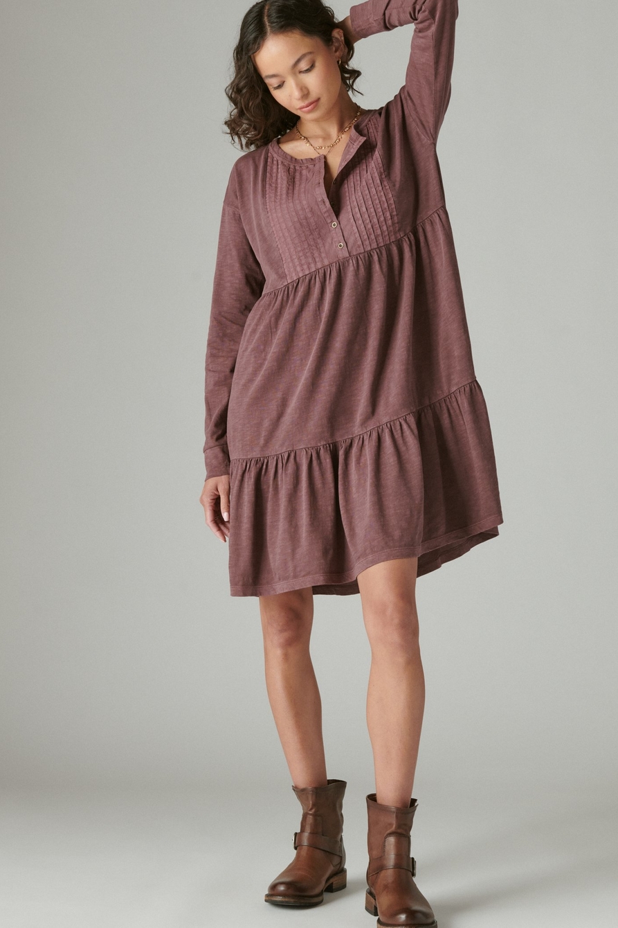 pintuck tiered knit henley dress